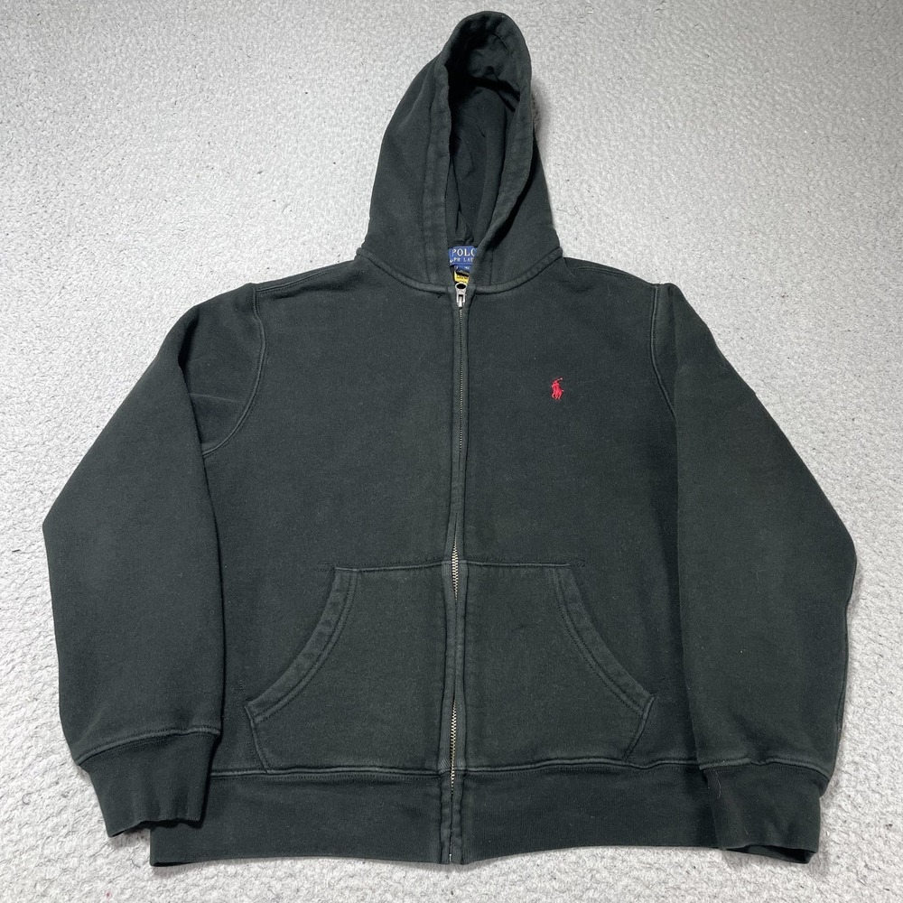 Polo Ralph Lauren Hoodie Boys L 14-16 Black Full Zip Fleece Sweatshirt Pony Logo